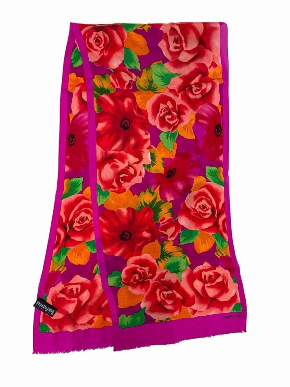 OSCAR DE LA RENTA STUDIO Bright Pink Floral Silk Scarf